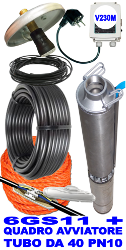 Impianto di sollevamento acqua pozzo pompa sommersa Lowara 6GS11 1,50HP V230 monofase - linea elettrica max 120ml - Abbinamento a quadro avviatore semplice alimentazione V230 monofase